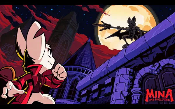 4K Ultra HD PC wallpaper for the video game Minna the Hollower: rabbit protagonist on a moonlit rooftop faces a silhouetted foe above gothic castle towers.