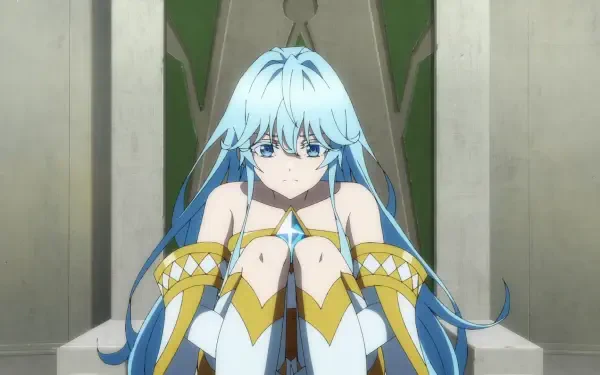 Anime HD PC wallpaper: Elfaria Alvis Serholt from Wistoria: Wand and Sword seated on a throne, long blue hair, white-and-gold armor and blue eyes, knees drawn to her chest.