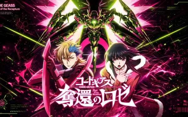 4K Ultra HD PC desktop wallpaper/background for Code Geass: Rozé Of The Recapture, blond armored pilot and dark‑haired heroine in red stand before a neon pink and green mecha.