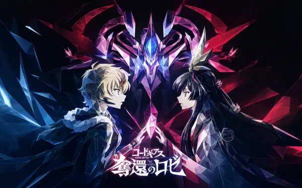 4K Ultra HD PC desktop wallpaper for Code Geass: Rozé Of The Recapture — two rivals face across a glowing crystalline emblem as red and blue shards radiate around them.
