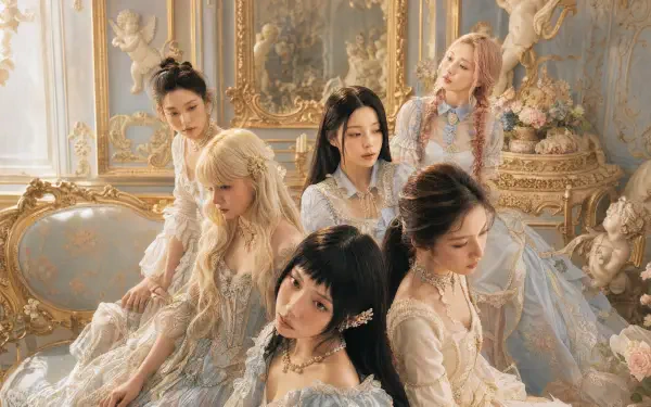 Elegant vintage-style portrait of six women in lace gowns in an ornate room, soft pastel tones — 4K Ultra HD PC desktop wallpaper and background.