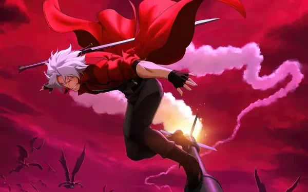Devil May Cry (2025) Devil May Cry 4K Ultra HD PC desktop wallpaper: white‑haired demon hunter in red coat leaps with sword through a stormy crimson sky as bats swirl below.