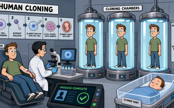 Cartoon human cloning lab: scientist monitors three clones in glass chambers and a newborn in a crib; stylized 4K Ultra HD PC desktop wallpaper and background.