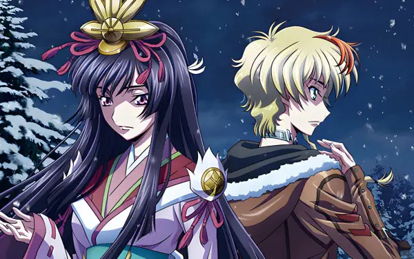 Anime 2K Quad HD PC wallpaper from Code Geass: Rozé Of The Recapture — a dark-haired woman in ornate kimono and a blond, fur-collared cloaked man stand back-to-back in a snowy night.