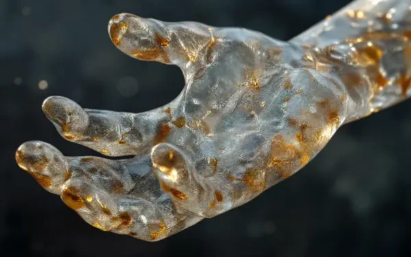 4K Ultra HD PC desktop wallpaper: translucent glass-like human hand with gold flecks reaching out, conveying a surreal human touch.