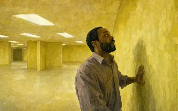 4K Ultra HD PC desktop wallpaper: a lone man in a vast yellow Backrooms corridor, touching peeling wallpaper beneath humming fluorescent lights.
