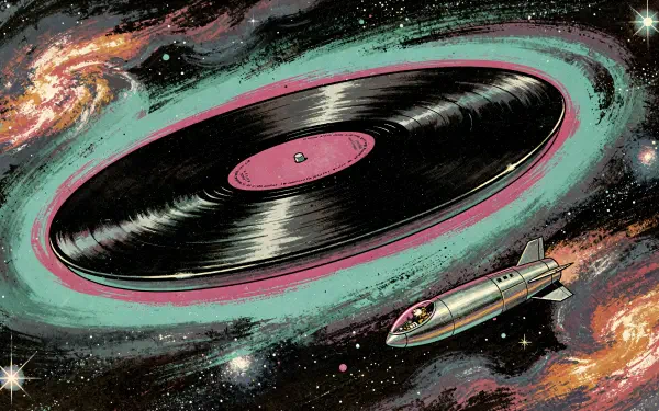 Surreal 4K Ultra HD PC desktop wallpaper: a vinyl record spins like a galaxy with colorful nebula rings and a retro rocketship cruising nearby.