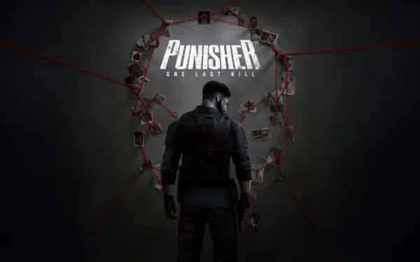 The Punisher: One Last Kill — lone figure faces a skull-shaped photo wall tied with red string; dark, gritty 4K Ultra HD PC desktop wallpaper/background.
