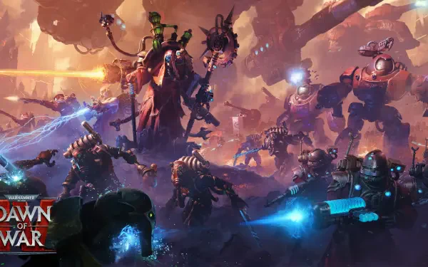 Warhammer 40000: Dawn of War IV video game 4K Ultra HD PC desktop wallpaper — armored Space Marines and colossal war machines clash across a fiery, ruined battlefield.