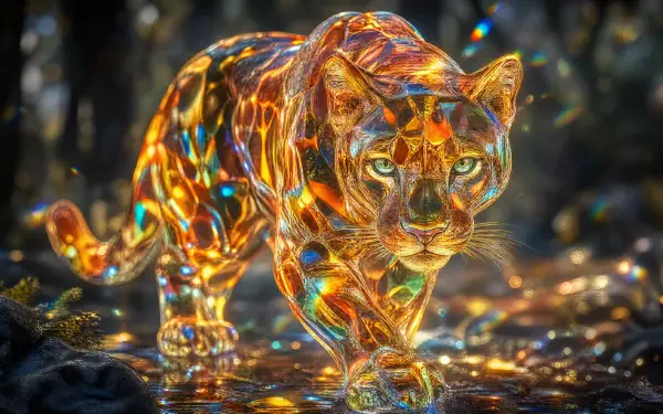 4K Ultra HD PC Desktop Wallpaper and Background: a jewel-toned, glasslike cougar prowling across a glowing, reflective surface.