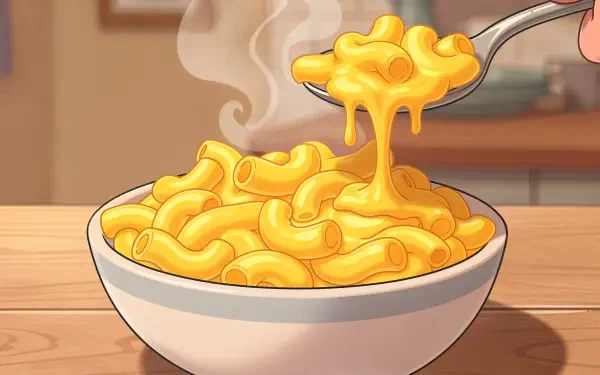 4K Ultra HD PC desktop wallpaper showing a steaming bowl of creamy macaroni and cheese, cheese stretching from a fork over a wooden table.