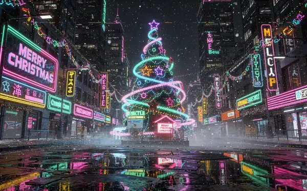 Neon Christmas tree spirals in a rainy cyberpunk street, bright neon signs and puddle reflections — 4K Ultra HD PC desktop wallpaper and background.