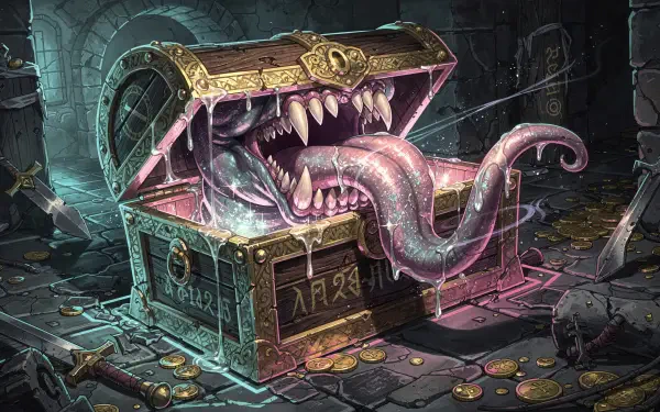 Mimic (fantasy): a gold-trimmed treasure chest with fanged maw and long tongue amid scattered coins in a dim dungeon — 2K Quad HD PC desktop wallpaper and background.