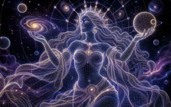 Ethereal cosmic goddess woven from starlight, holding galaxies and planets amid nebulae — 4K Ultra HD PC desktop wallpaper and background.