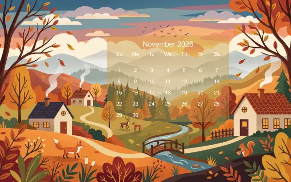 November 2026 calendar on a 5K Ultra HD PC desktop wallpaper and background: autumn village scene with houses, bridge over a river, deer and falling leaves.