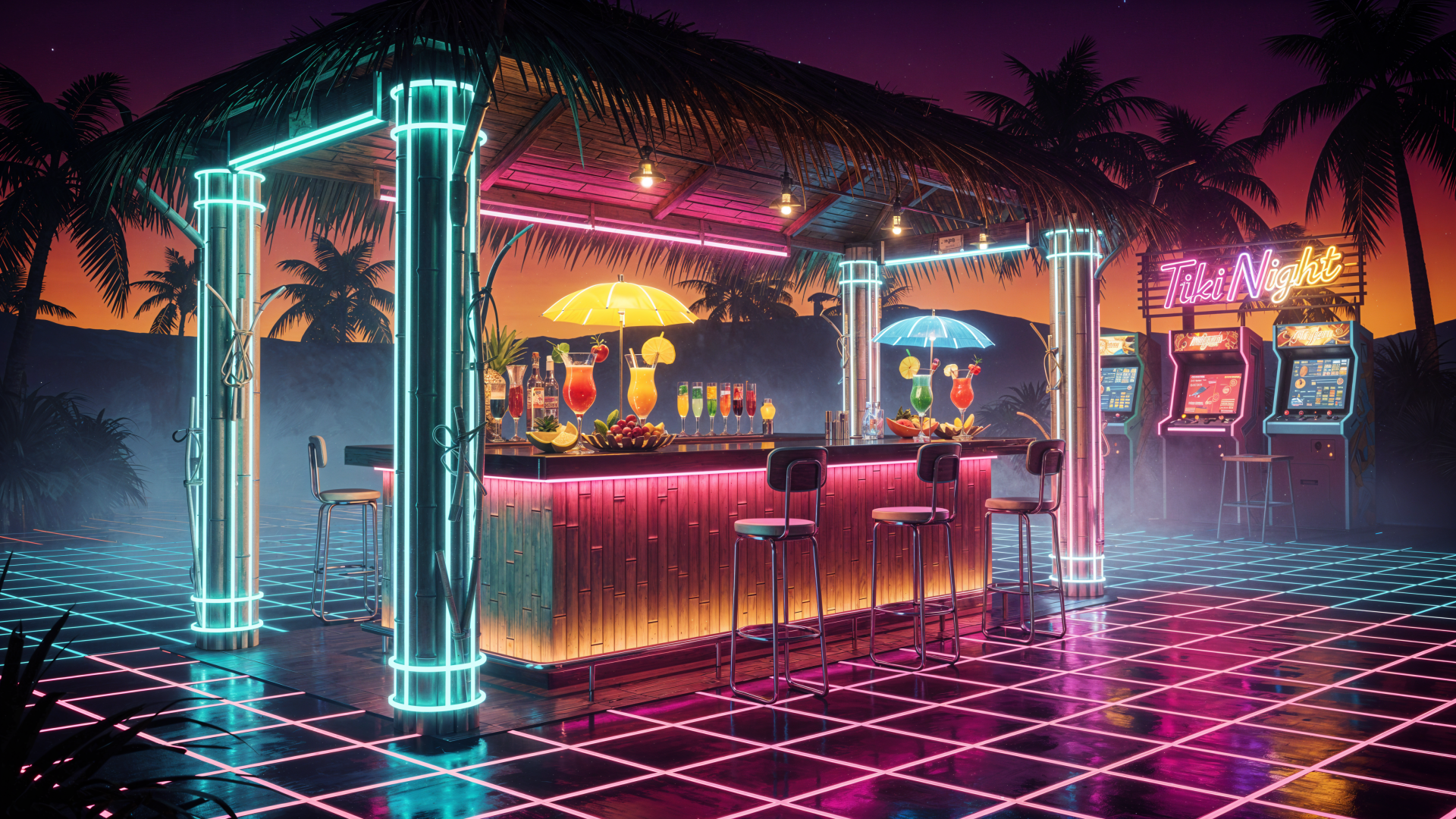 4K Ultra HD desktop wallpaper: neon-lit retro tiki bar on a glowing grid floor, thatched-roof bar with colorful cocktails, palm silhouettes and arcade machines under a purple sunset.