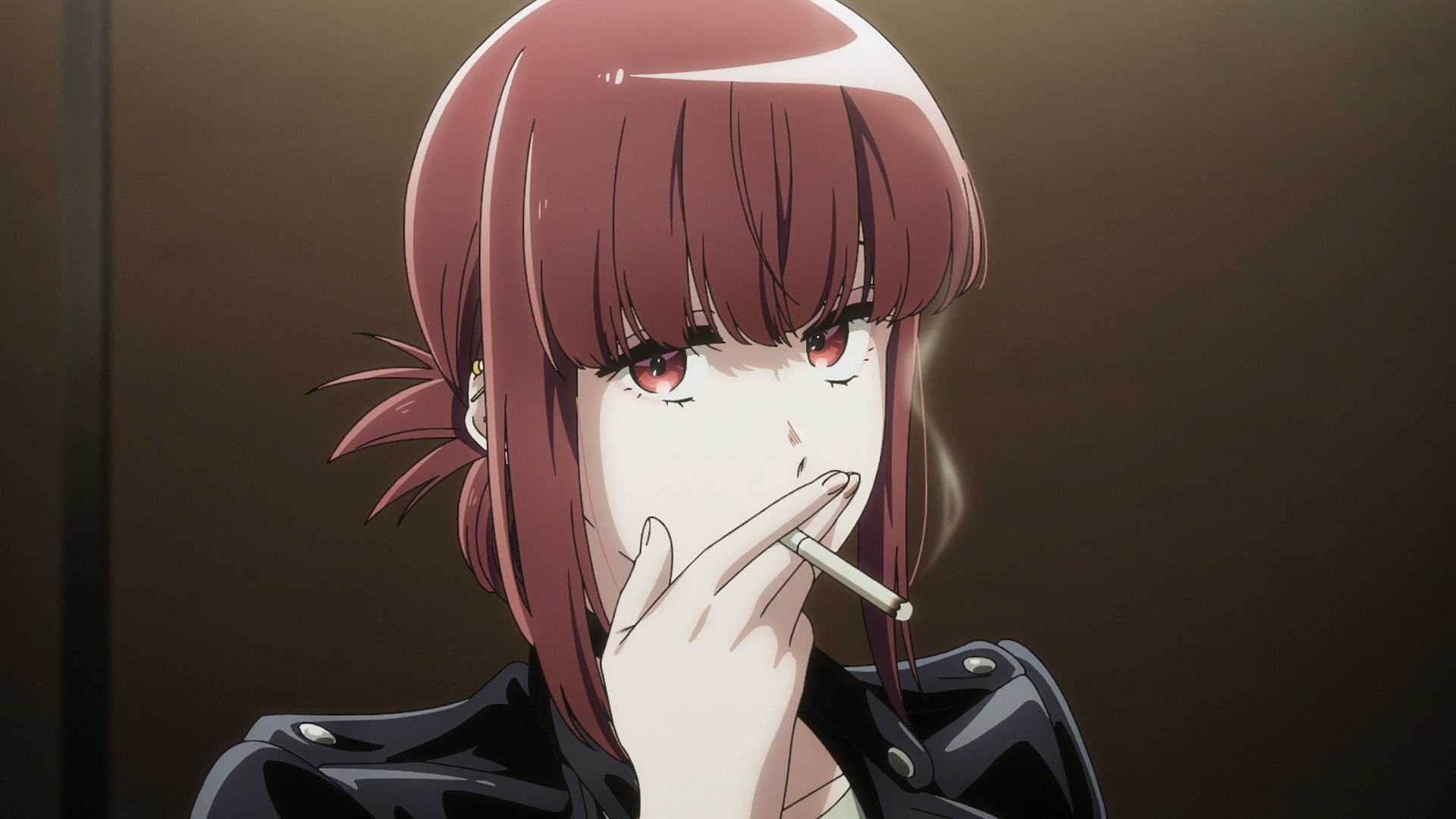 HD PC desktop wallpaper of Yamada from Smoking Behind the Supermarket with You — a red‑haired anime woman in a black jacket smoking a cigarette and staring forward.