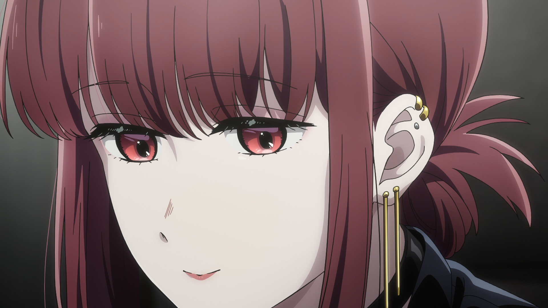 Close-up of Yamada from the anime Smoking Behind the Supermarket with You: red-eyed, auburn hair in a low ponytail, ear piercings and a subtle smile — HD PC desktop wallpaper background.