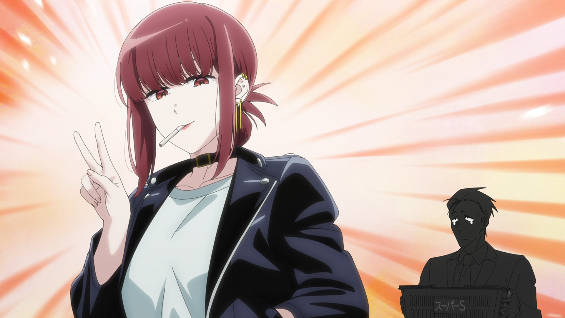 HD anime PC wallpaper: Yamada (Smoking Behind the Supermarket with You) flashes a peace sign with a cigarette in a black jacket against orange rays; Sasaki's silhouette behind.