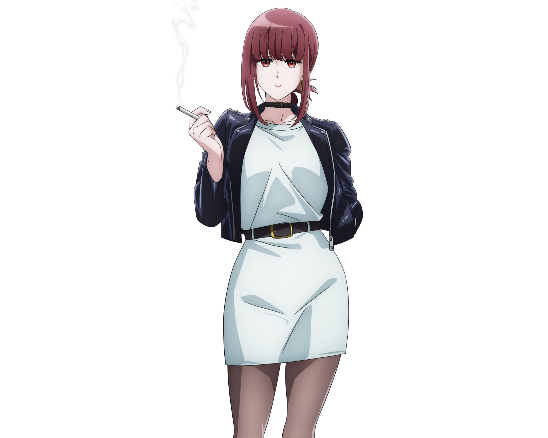 Anime 2K Quad HD PC wallpaper: Yamada from Smoking Behind the Supermarket with You — standing in a white dress and black jacket, holding a cigarette.