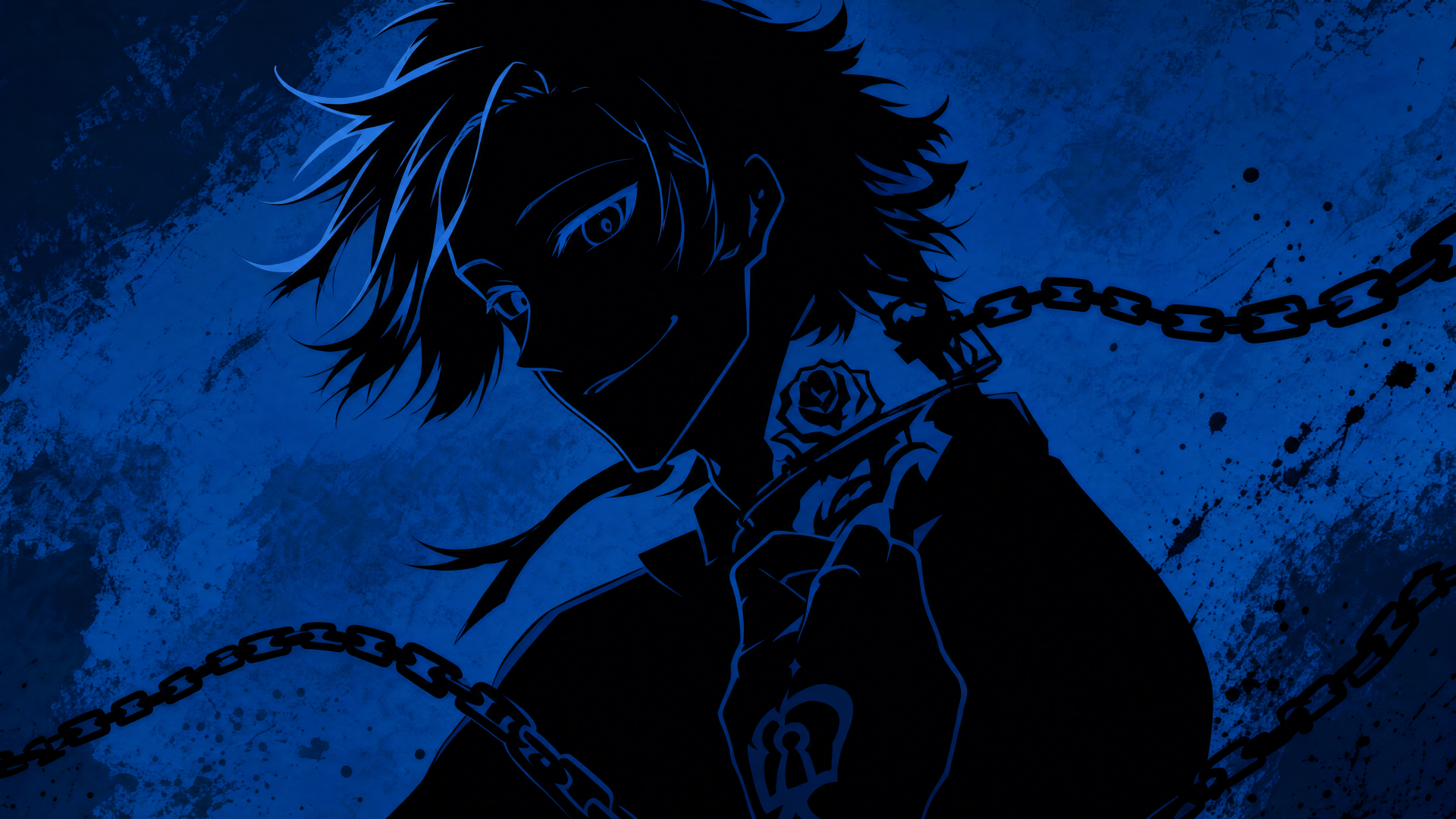 Miachael Kaiser 4K Ultra HD PC desktop wallpaper and background: blue-toned silhouette of an anime-style figure with chains and a rose tattoo against a textured night-sky backdrop.