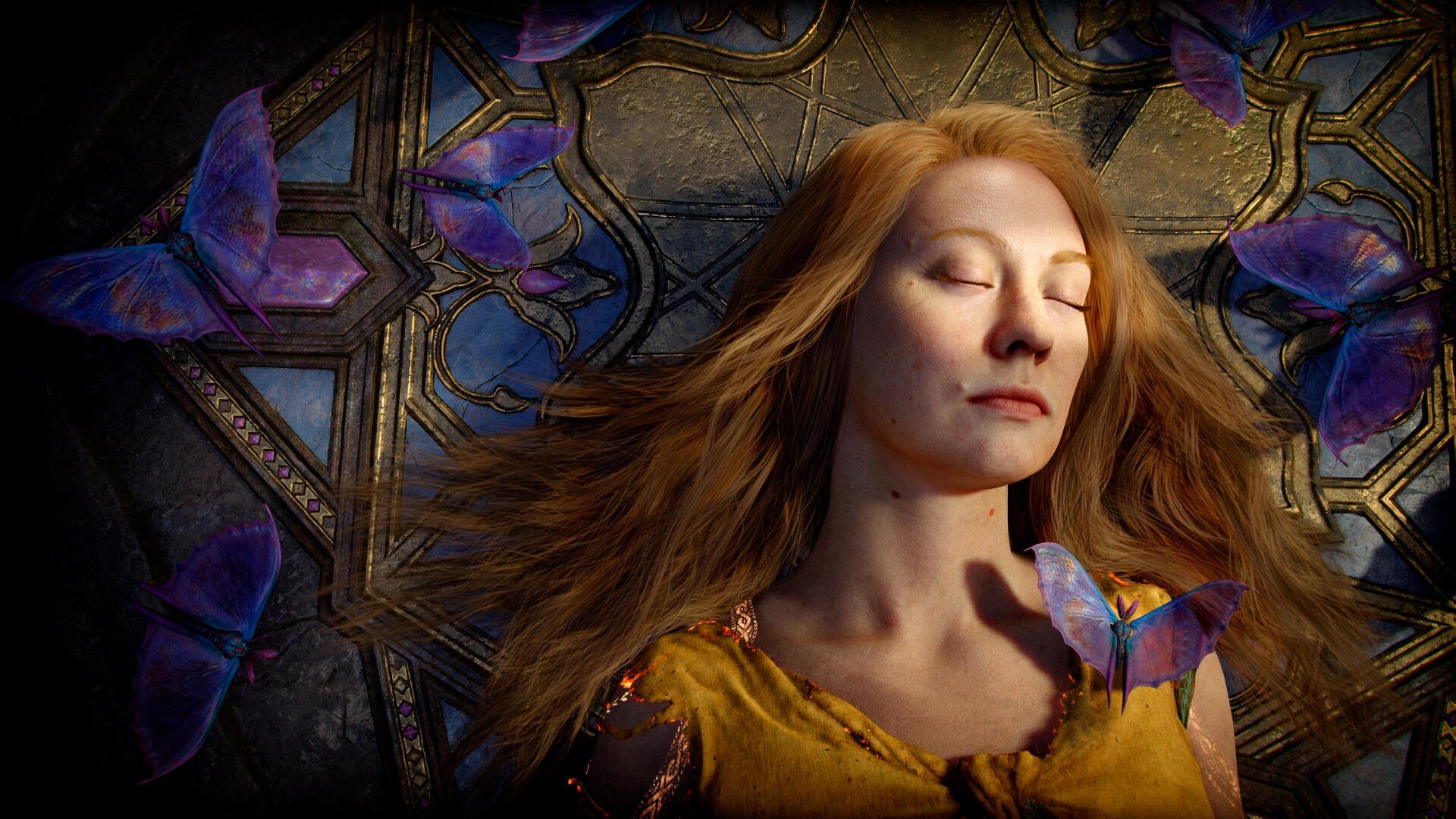 Laufey from God of War lying with eyes closed, golden hair drifting among purple butterflies against an ornate stone backdrop — 4K Ultra HD PC desktop wallpaper