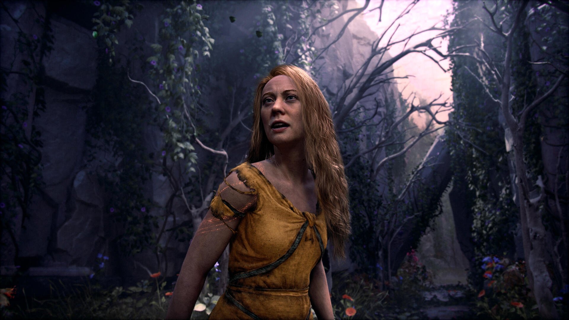 4K Ultra HD PC wallpaper of Laufey from God of War standing in a moonlit, overgrown ruin in a yellow dress, surrounded by twisted trees and pale purple light.