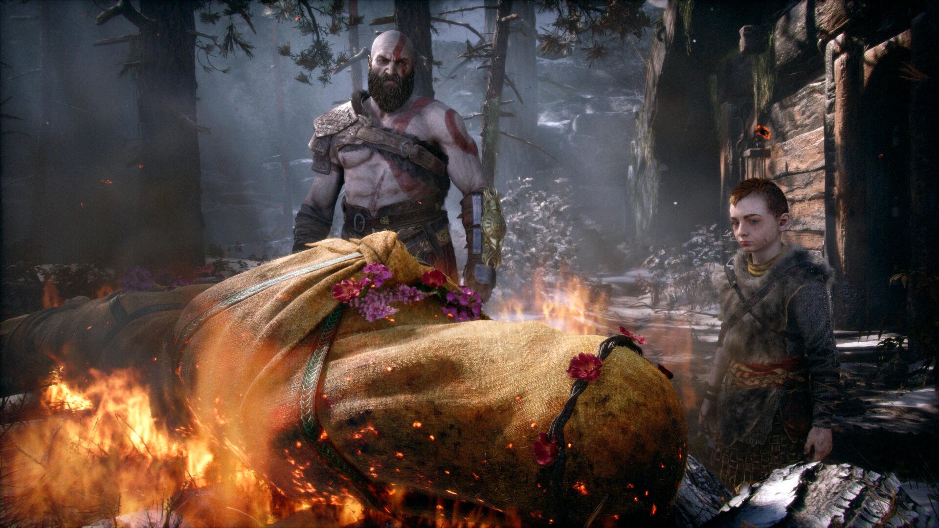 God of War video game: Kratos and Atreus stand beside a burning, shrouded body in a misty forest — God of War Laufey, 4K UHD PC desktop wallpaper.