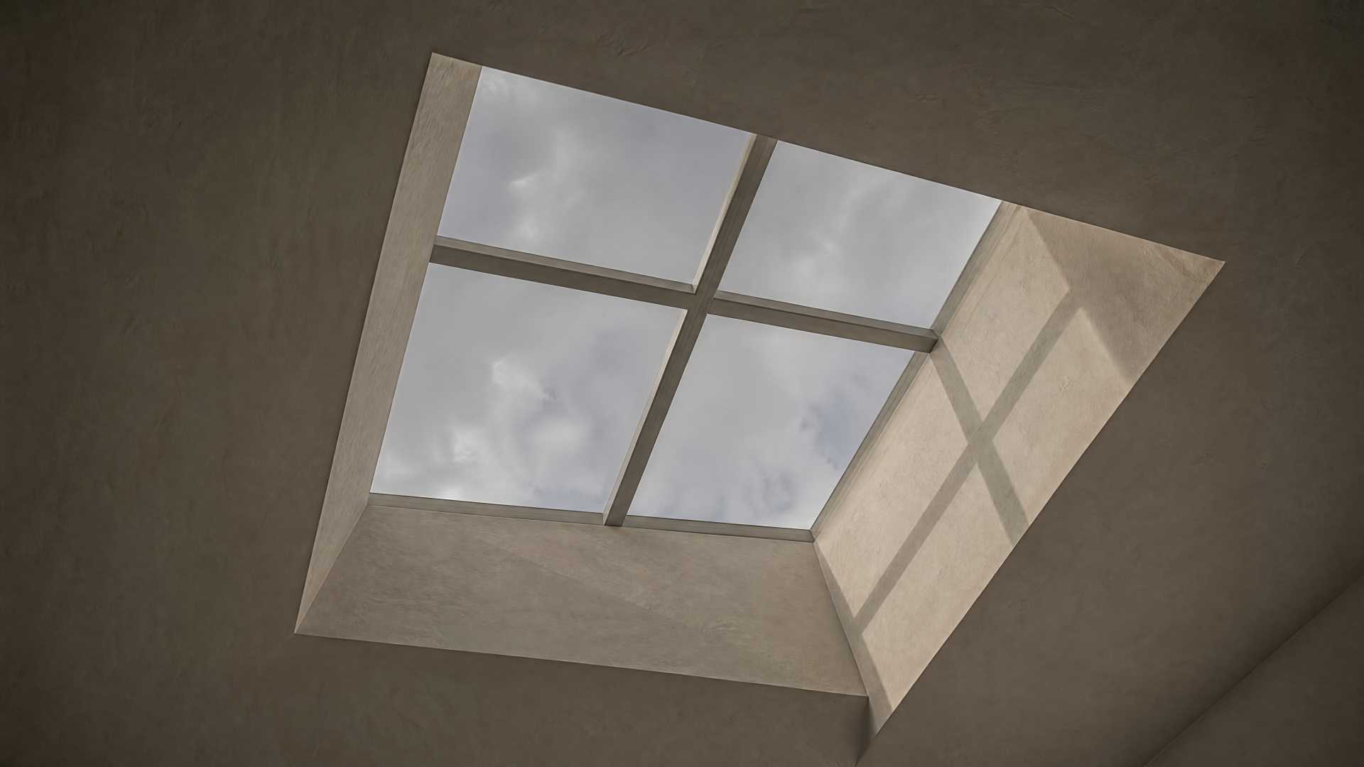 Square skylight framing soft clouds, daylight casting geometric shadows on the ceiling — 4K Ultra HD PC desktop wallpaper and background.