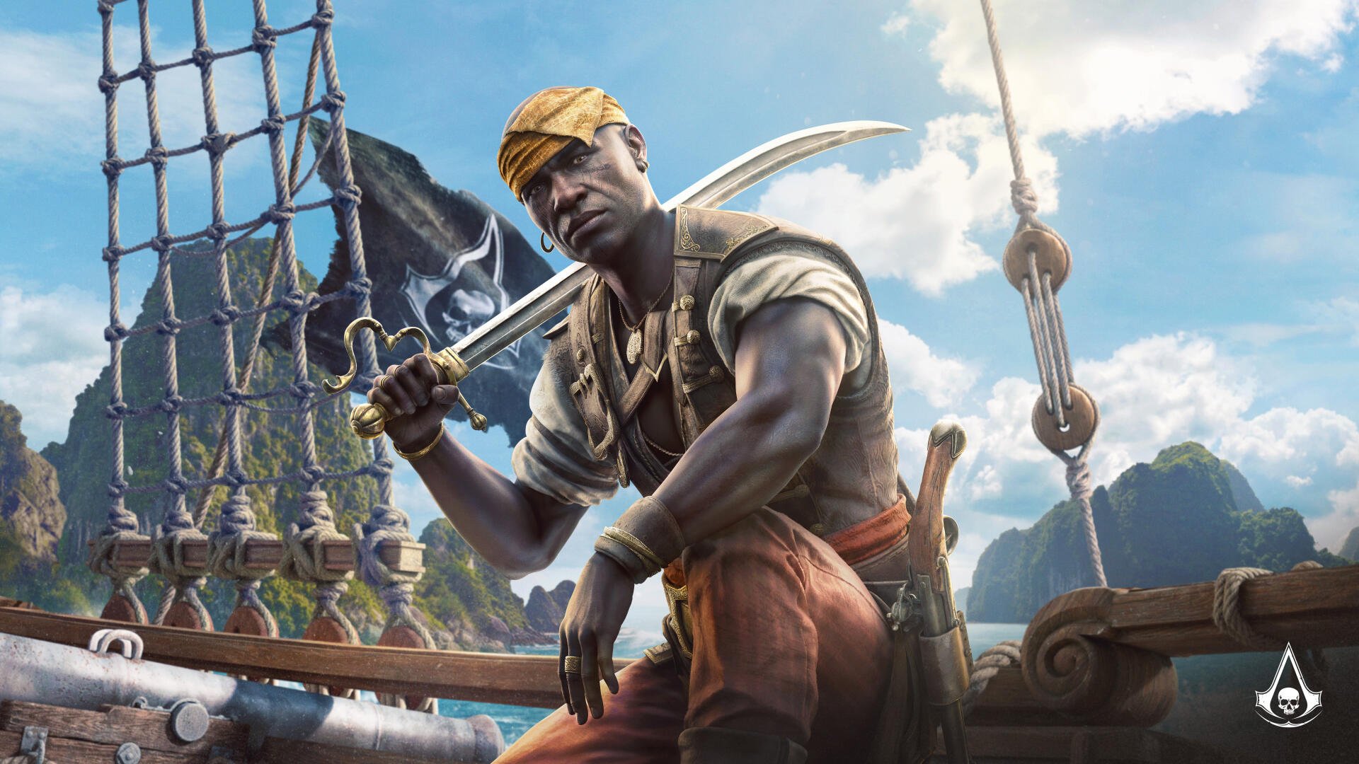 Video game — Assassin's Creed Black Flag Resynced 5K Ultra HD PC wallpaper: a pirate assassin on a ship deck, blade raised, rigging and sails with tropical islands and blue sky.