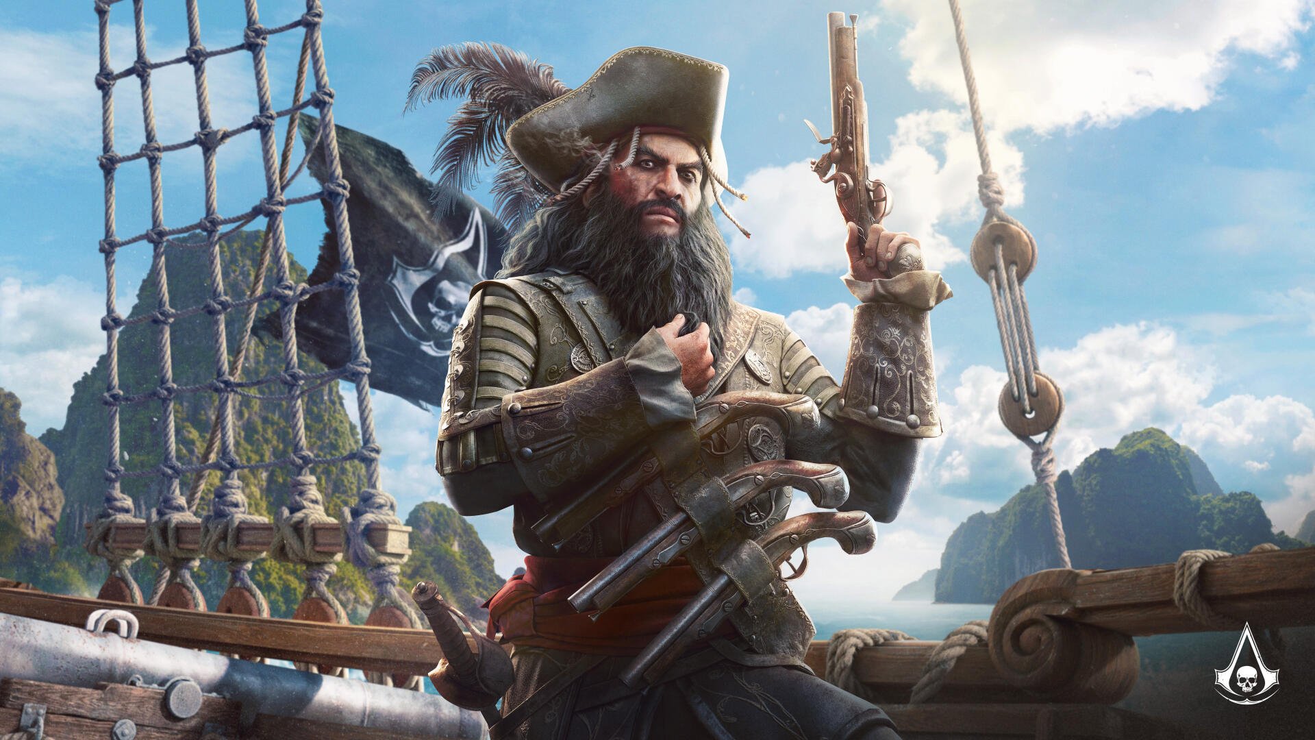 Assassin's Creed Black Flag Resynced pirate captain on a ship deck, pistol raised, cutlass at his hip, ocean and islands behind — 5K Ultra HD PC wallpaper.