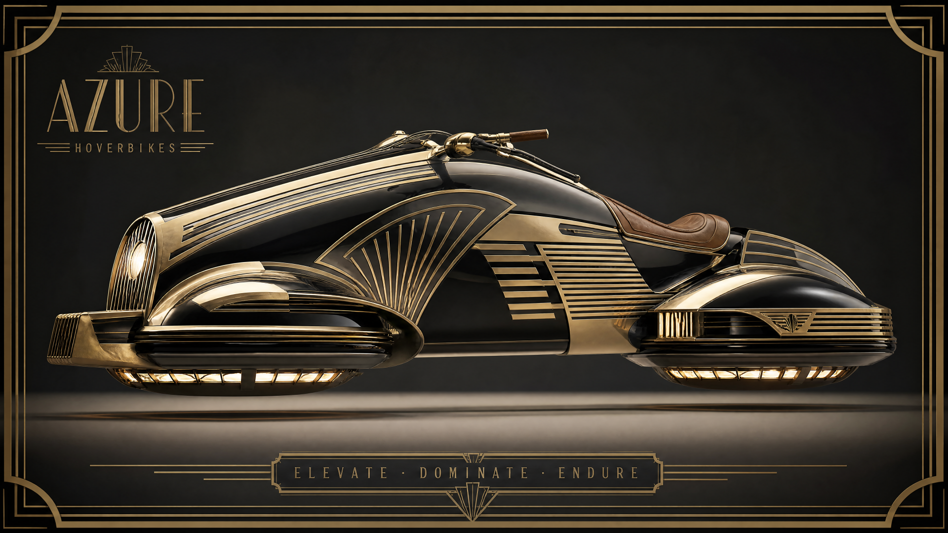 Art-deco gold-and-black hoverbike rendered in 4K Ultra HD, sleek retro-futuristic design floating above a reflective surface — PC desktop wallpaper and background.