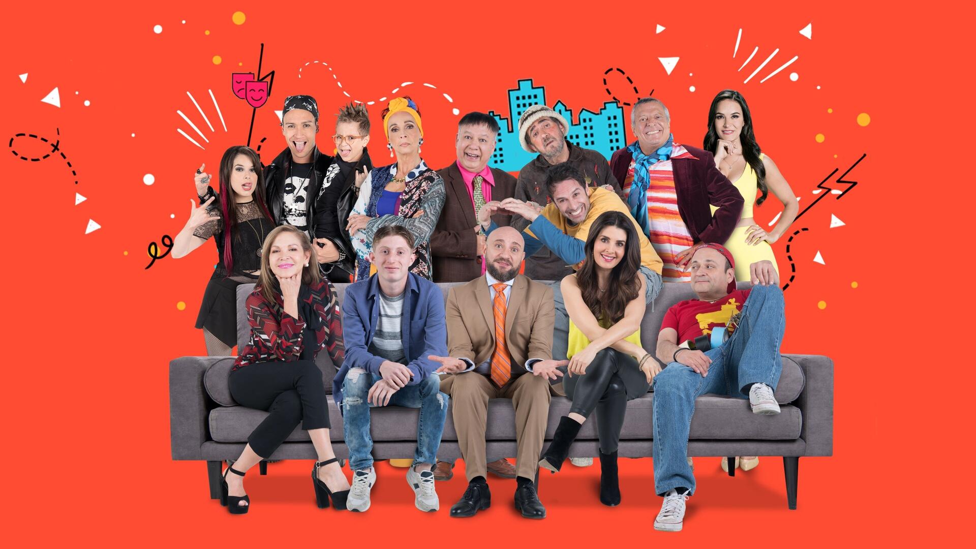 4K Ultra HD PC desktop wallpaper showing the Vecinos ensemble seated on a couch against a bold red backdrop with stylized city skyline accents.