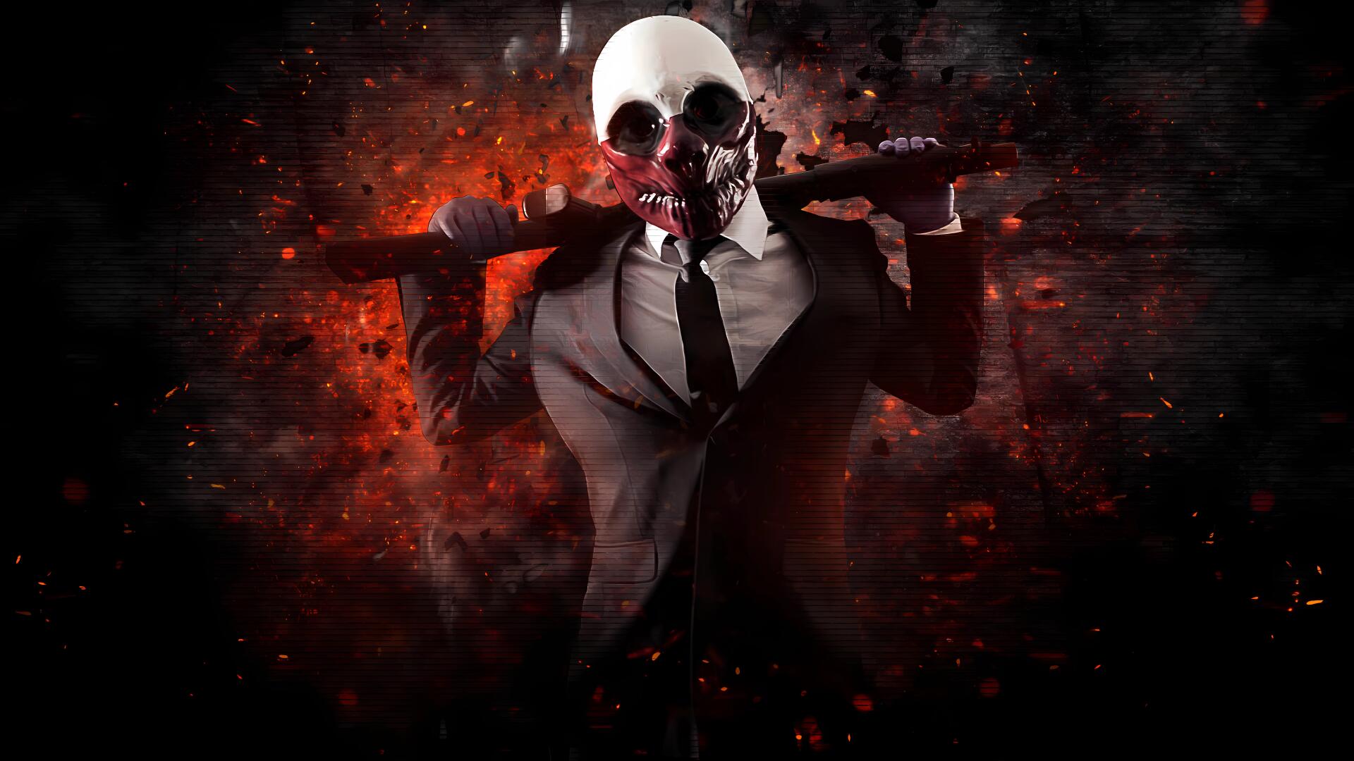 Payday 8K Ultra HD PC desktop wallpaper: skull-masked figure in suit holds a bat across his shoulders amid red sparks and a smoky, dark background.