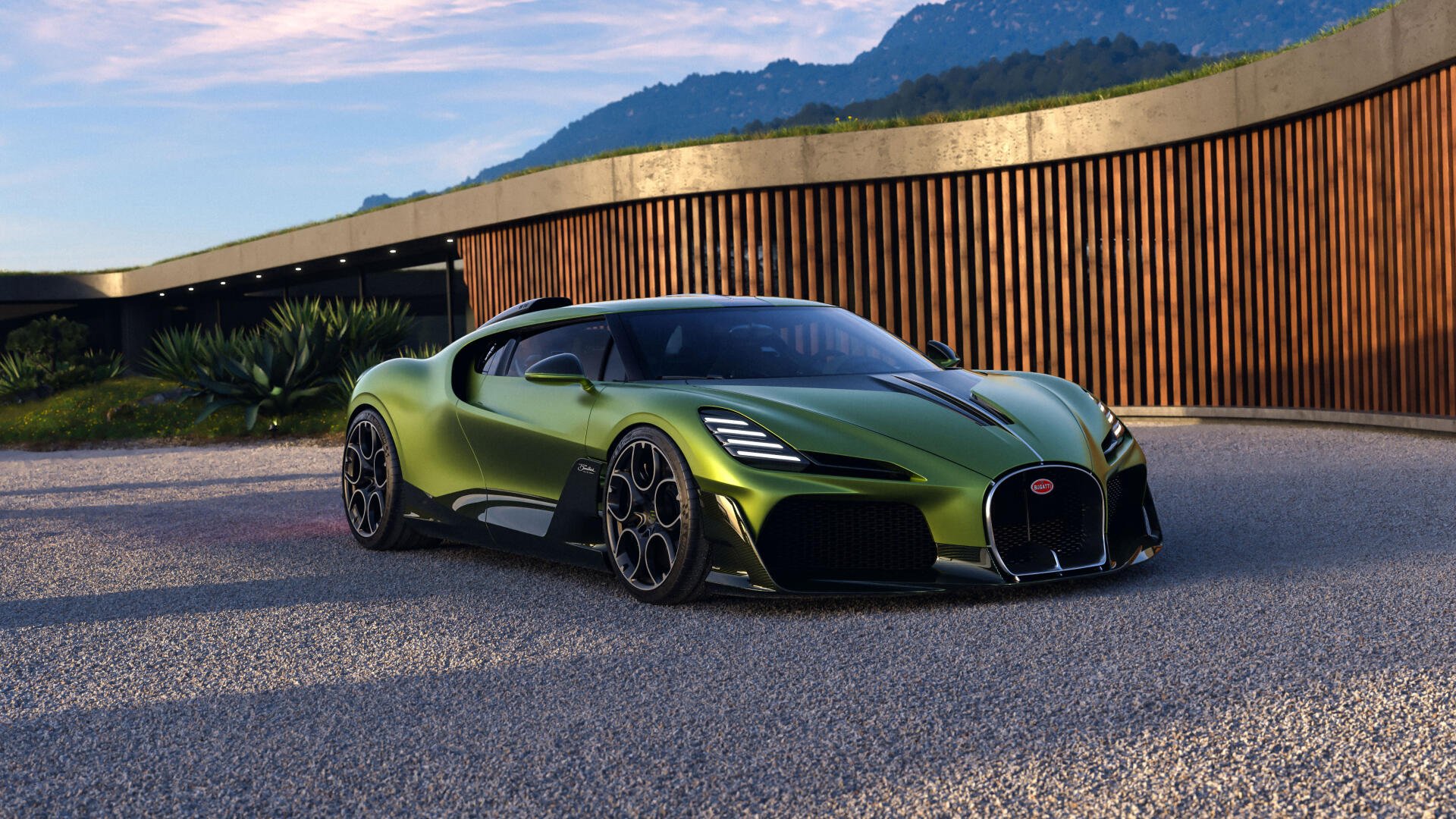 Green Bugatti Brouillard vehicle parked by a wood-paneled building with mountains — 4K Ultra HD PC desktop wallpaper and background featuring the Bugatti.