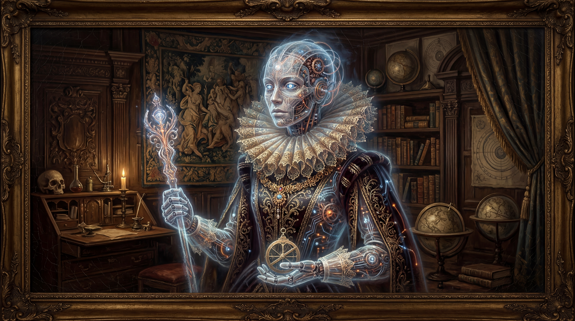 5K Ultra HD PC desktop wallpaper and background: synthoid in Elizabethan ruff and mechanical armor, holding a glowing staff and crystal, standing in a dim, book-lined antique study.