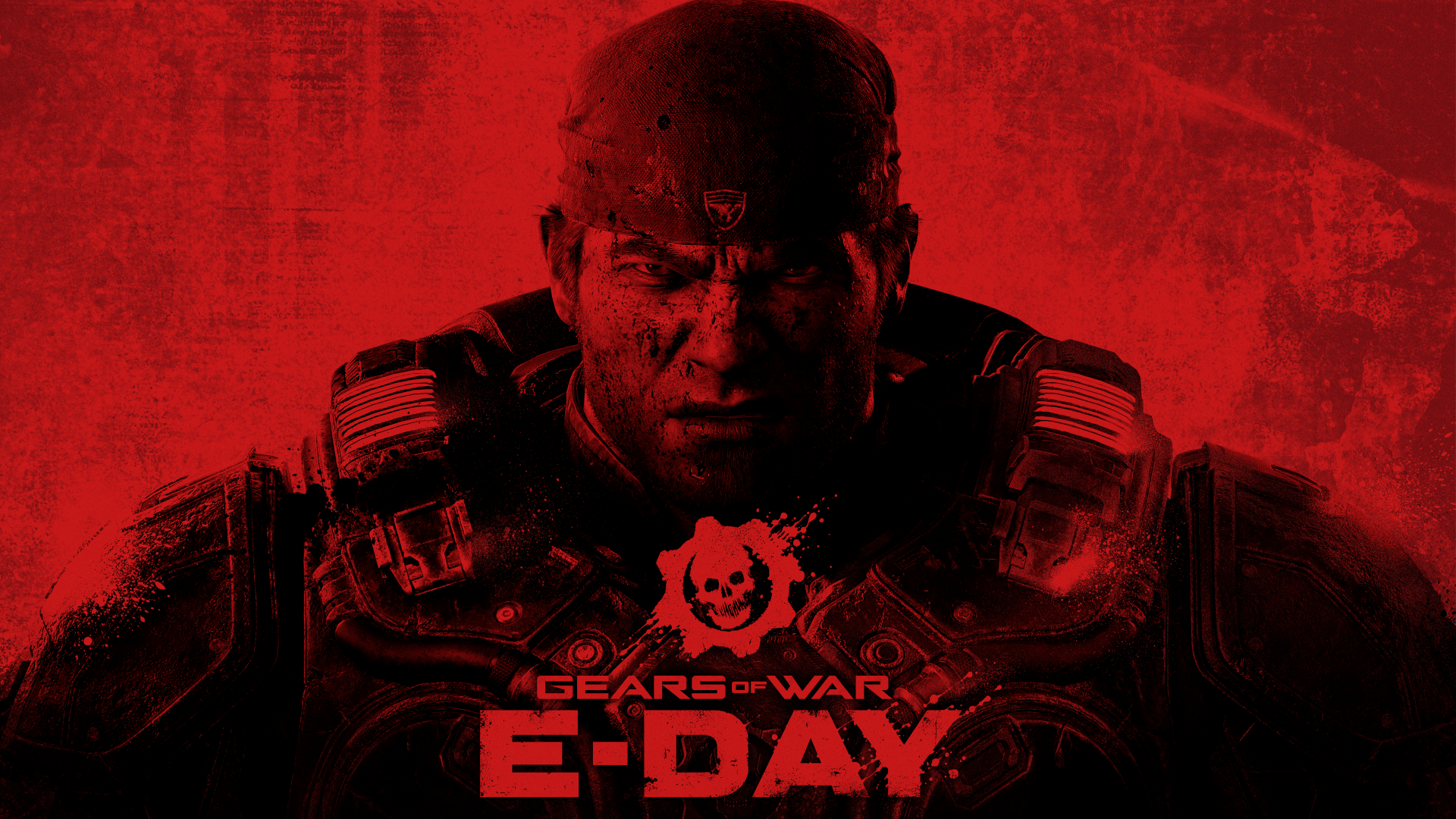 Video game 4K Ultra HD PC desktop wallpaper for Gears of War: E-Day — grim armored soldier against a blood-red backdrop, E-Day emblem and Gears of War logo centered.