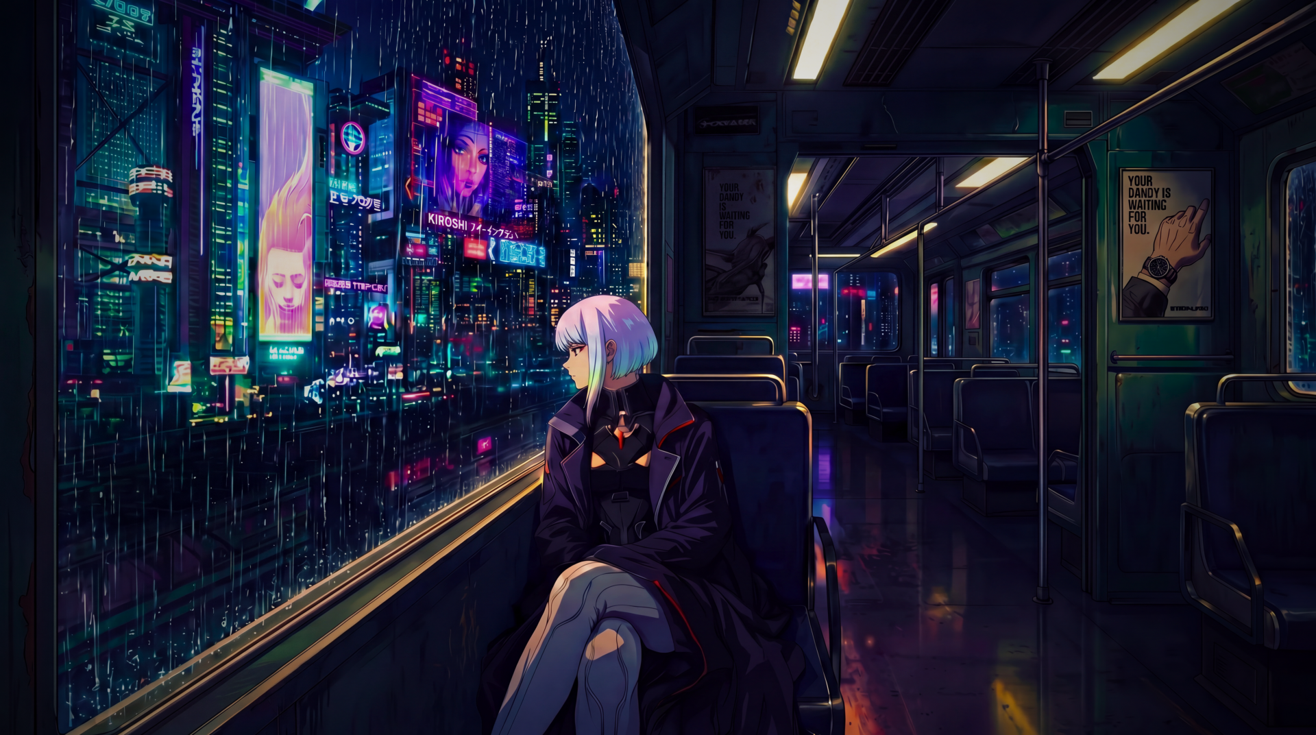 Lucy (Cyberpunk: Edgerunners) sits on a rainy neon city bus, 90s anime aesthetic with glowing skyline — 5K Ultra HD PC desktop wallpaper and background