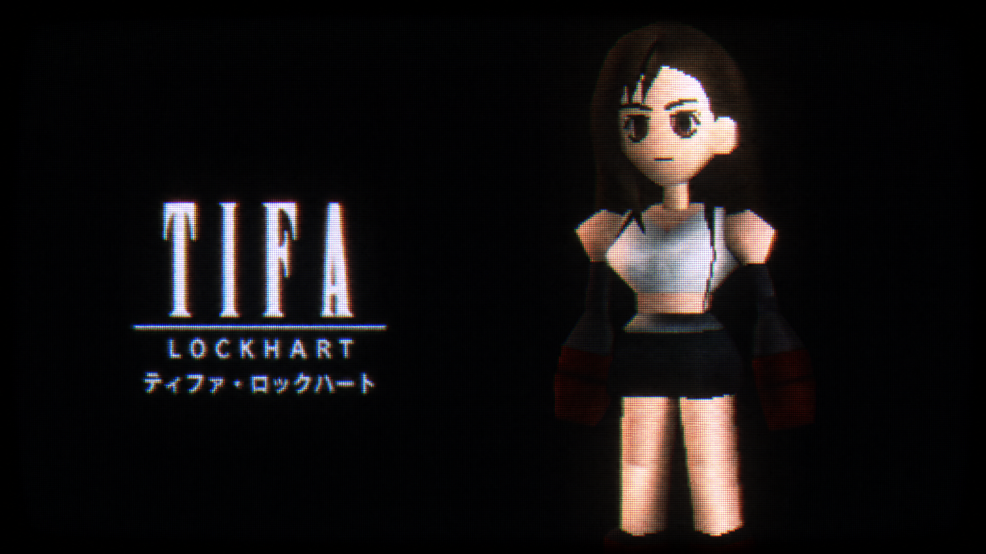 Voxel-style Tifa Lockhart on a black background with glowing TIFA LOCKHART and Japanese subtitle — 4K Ultra HD PC desktop wallpaper/background.