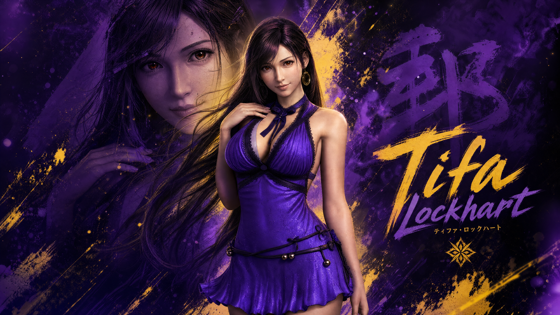 4K Ultra HD PC desktop wallpaper/background featuring Tifa Lockhart in a purple dress, full-body figure with portrait overlay against a purple-and-gold brushstroke backdrop and stylized Tifa Lockhart text.