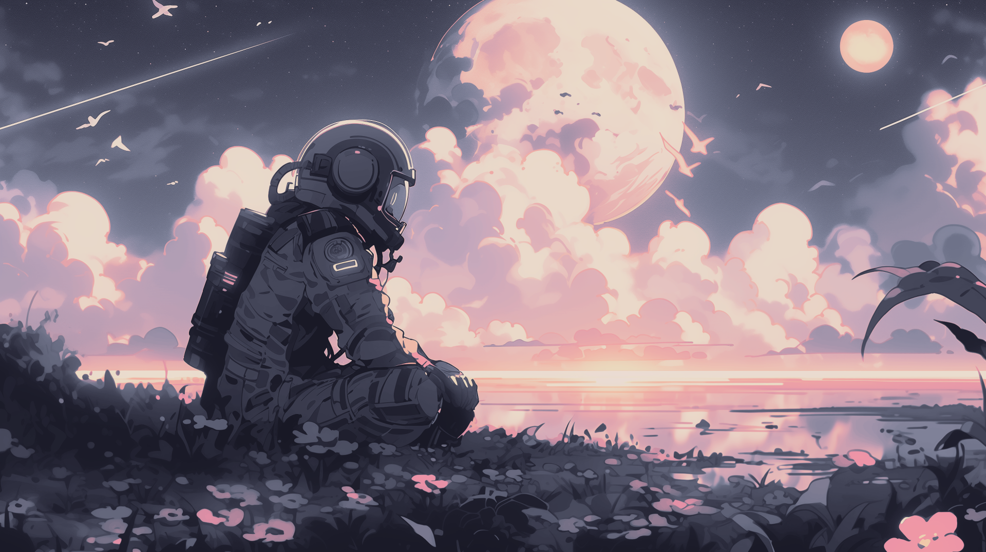 Digital art digital painting illustration artwork: astronaut sits on a flowered shoreline beneath a huge moon and pastel clouds over the sea — 2K Quad HD PC desktop wallpaper/background.