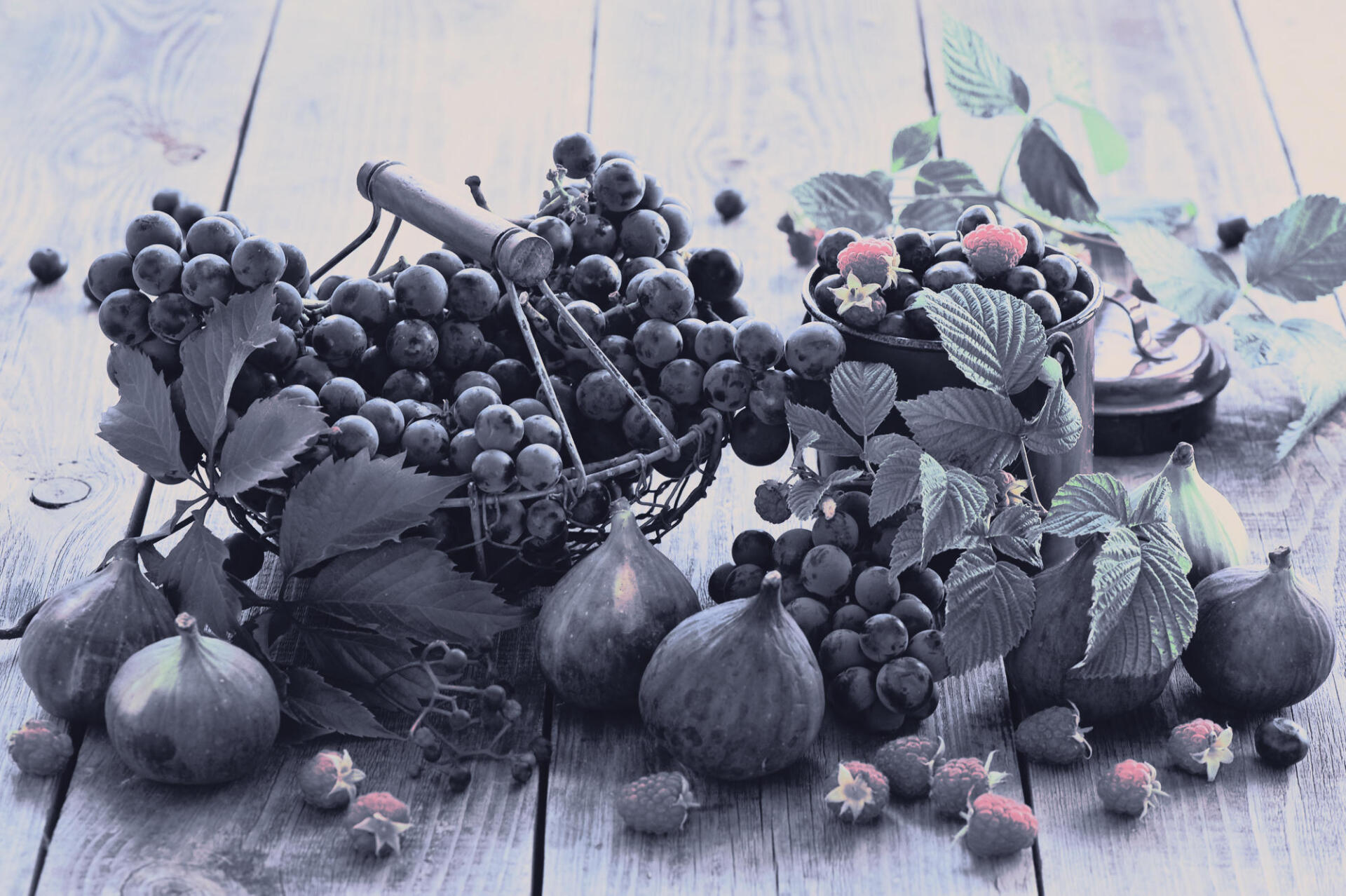 Digital art illustration — HD PC desktop wallpaper, landscape-oriented artwork of a stylized still life: grapes, figs and berries on a weathered wooden table in muted cool tones.
