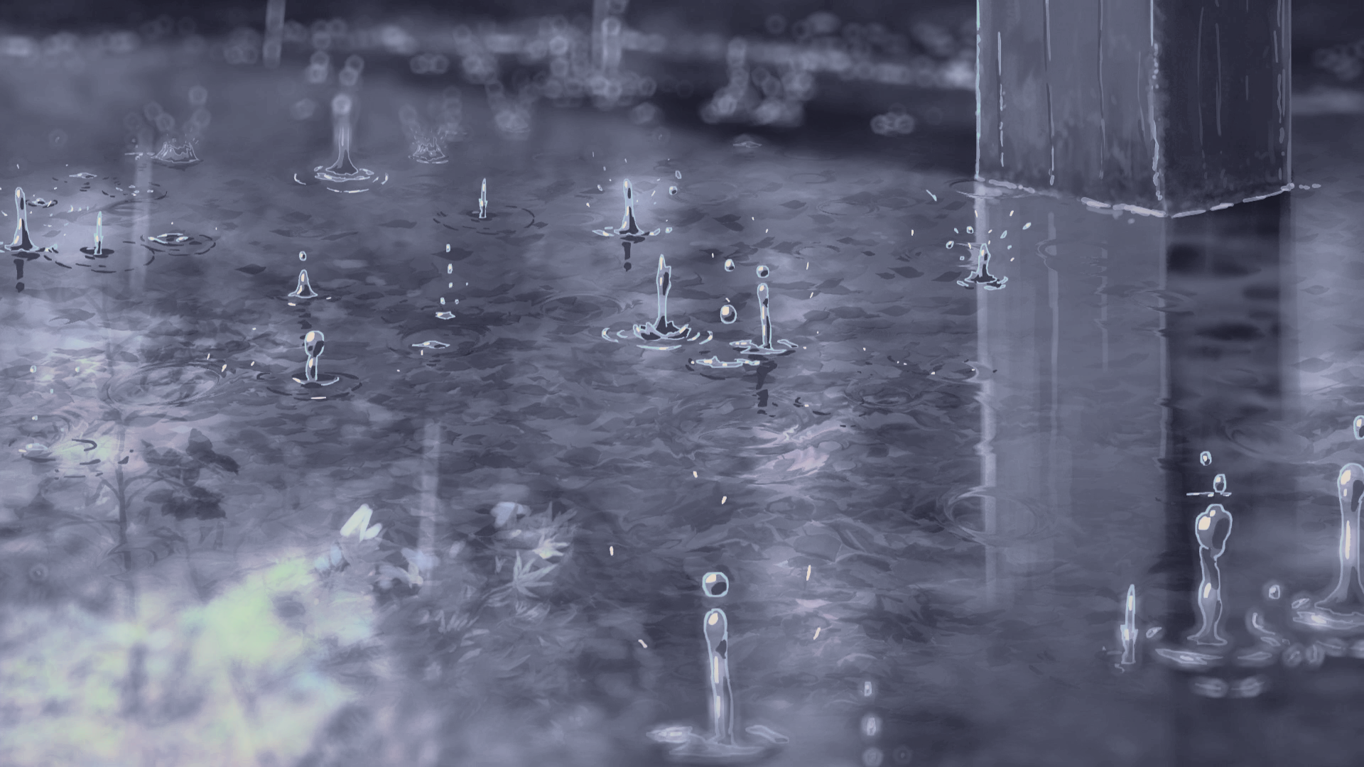 Digital art digital painting illustration — HD PC desktop wallpaper artwork depicting rain splashing in puddles on a reflective wet landscape with blurred architectural reflections.