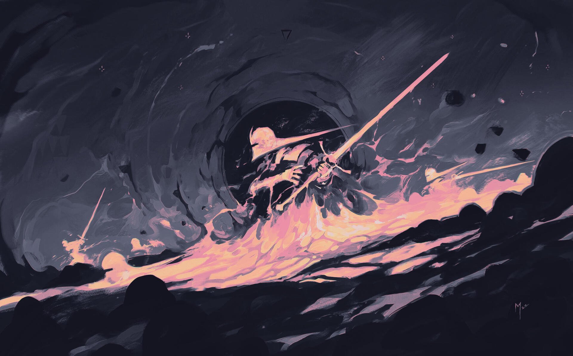 Digital art digital painting illustration: dramatic landscape of a lone warrior swinging a glowing pink sword through swirling dark waves — HD PC desktop wallpaper and background.