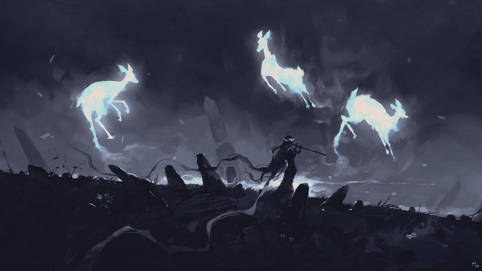 4K Ultra HD digital art digital painting illustration artwork landscape: monochrome scene of a hooded figure summoning three glowing spectral deer above a jagged battlefield.