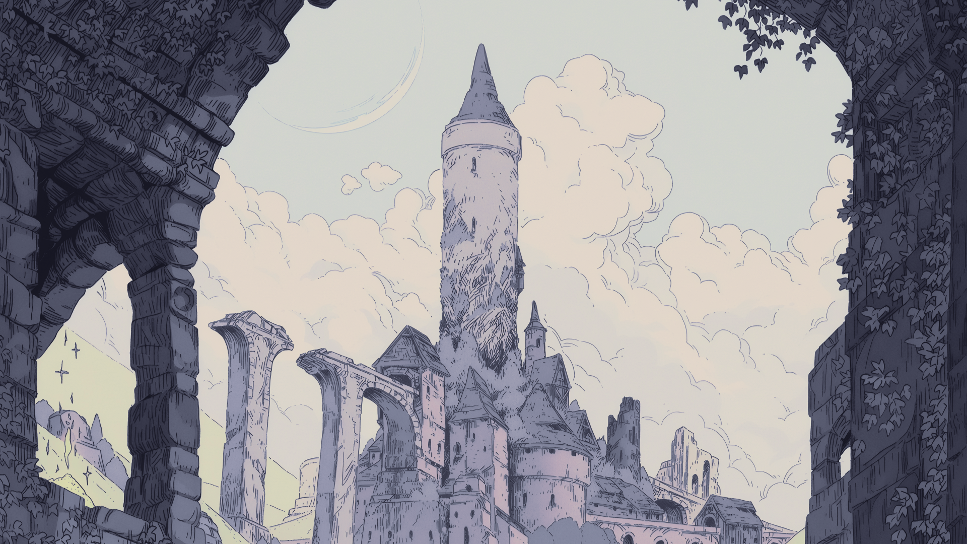 4K Ultra HD PC desktop wallpaper — digital art digital painting illustration: crumbling castle tower and ruins framed by a stone arch under pastel clouds; landscape artwork background.