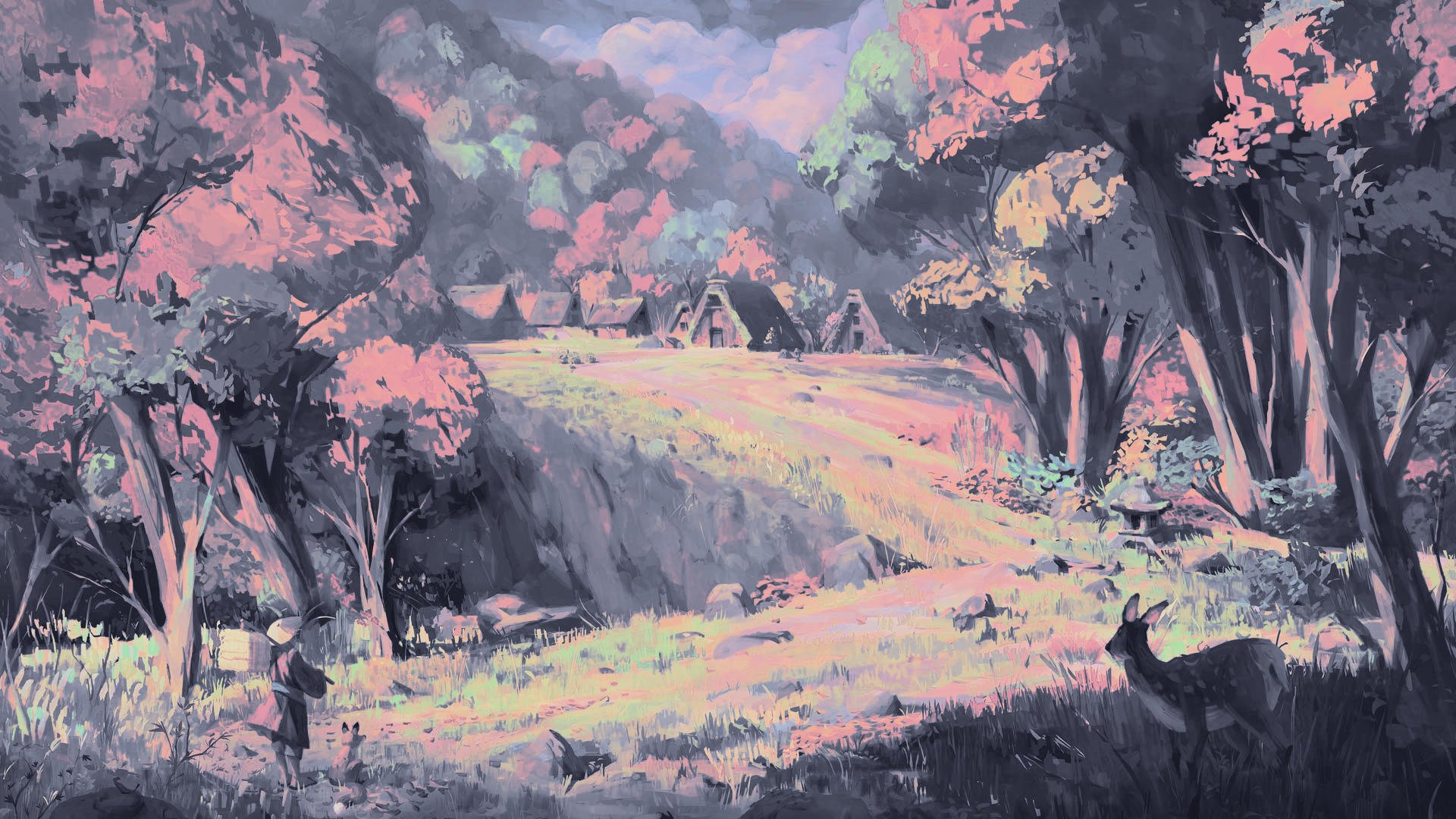 Digital painting illustration: dreamy landscape artwork for HD PC desktop wallpaper, pastel forest clearing with winding path, distant cottages, two small figures and a deer.