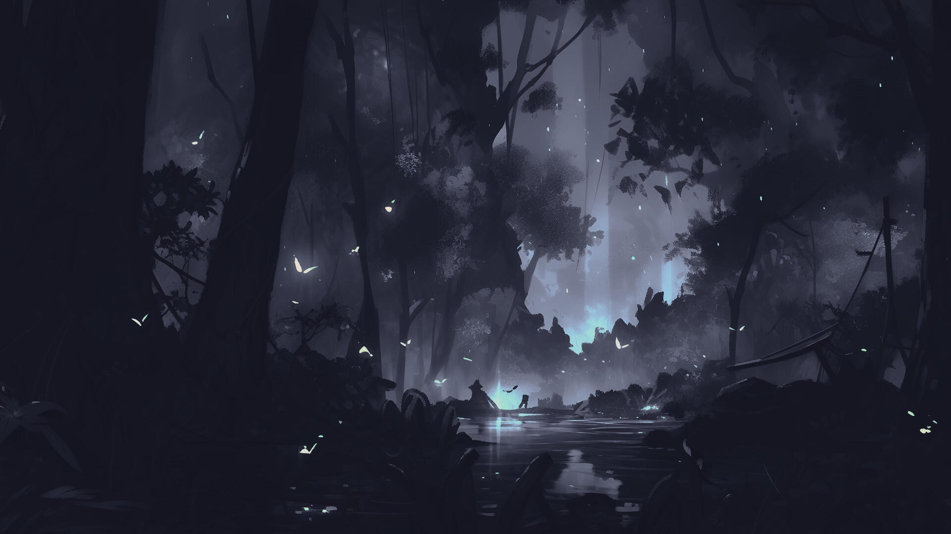 Digital art illustration — digital painting landscape artwork: moonlit forest with glowing lights over a reflective pool; 4K Ultra HD PC desktop wallpaper/background.