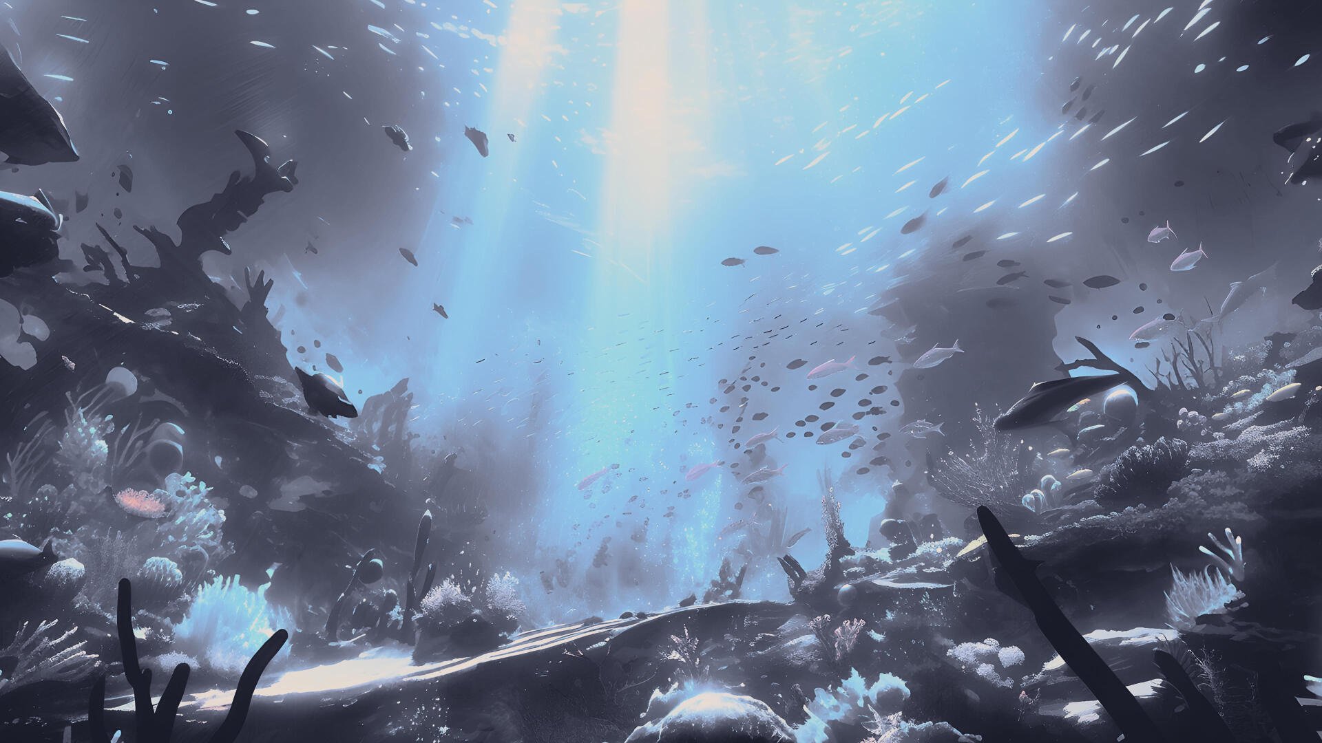 4K Ultra HD digital painting illustration of an underwater landscape artwork: shafts of light through blue depths, schools of fish and coral silhouettes — PC desktop wallpaper