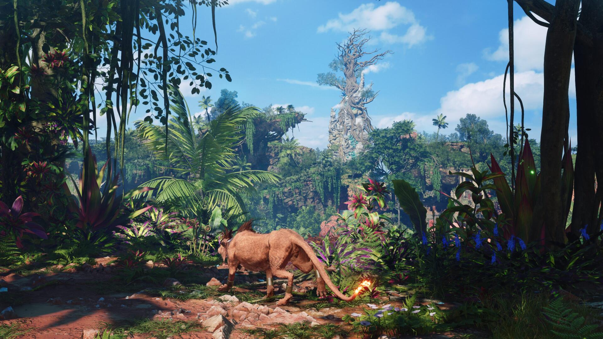 4K Ultra HD PC desktop wallpaper and background from the video game Final Fantasy VII Revelation: sunlit jungle clearing with dense foliage and an exotic creature grazing, its tail glowing.